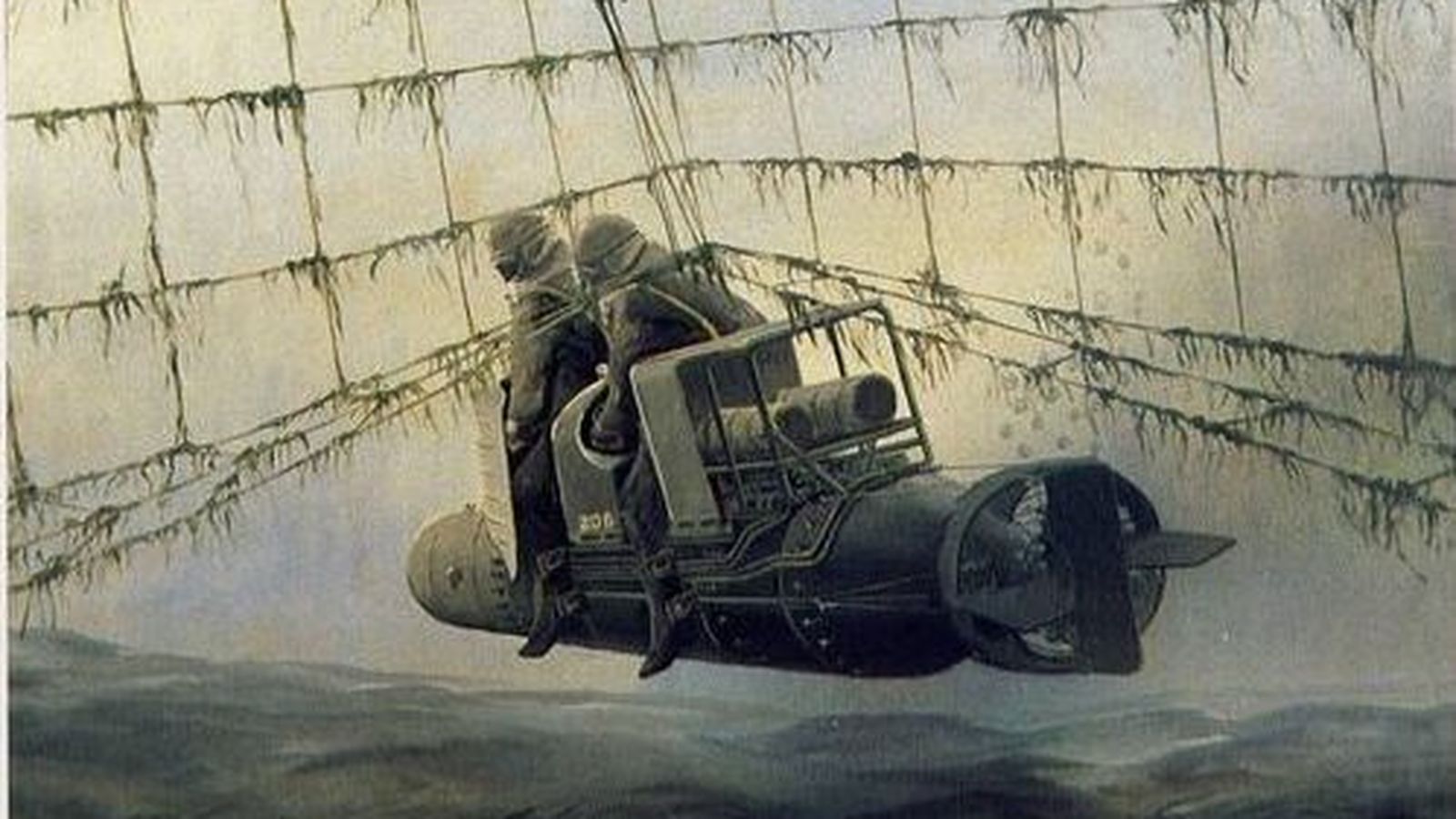 Recreación de la superación de barreras en profundidad tal como hizo el maiale No 220, de Visintini y Magro la madrugada del 20 de septiembre de 1941.