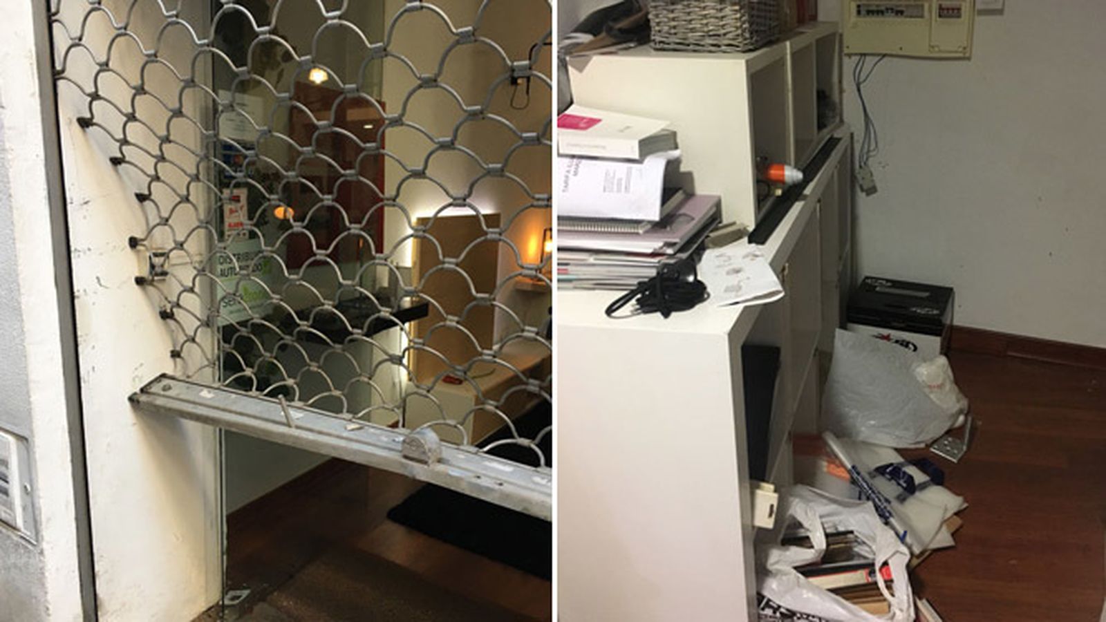 Estado de la reja y el interior de uno de los comercios desvalijados