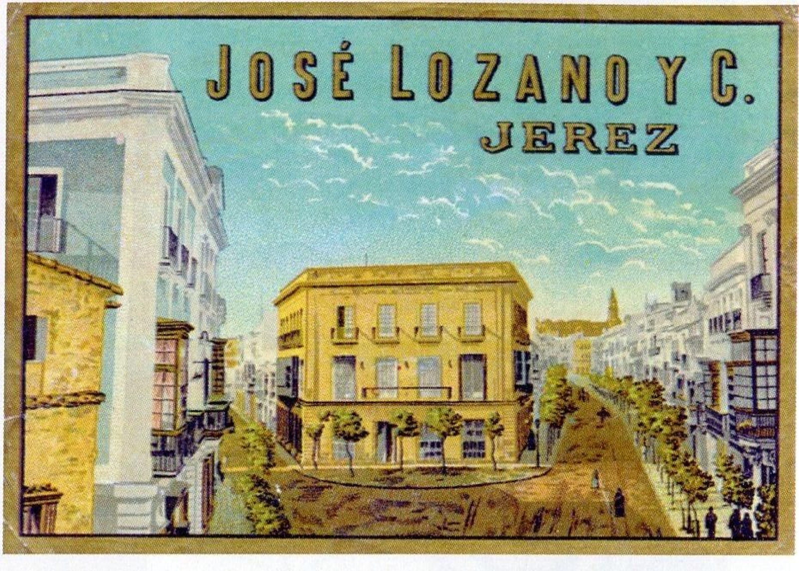 Etiqueta de José Lozano con vista de la rotonda de los Casinos. Etiqueta de José Lozano con vista de la rotonda de los Casinos.