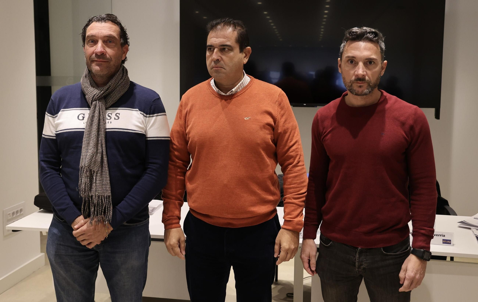 Los representantes del Sppme, CSIF y SPLS en la Policía Local de Sevilla, este jueves en rueda de prensa.