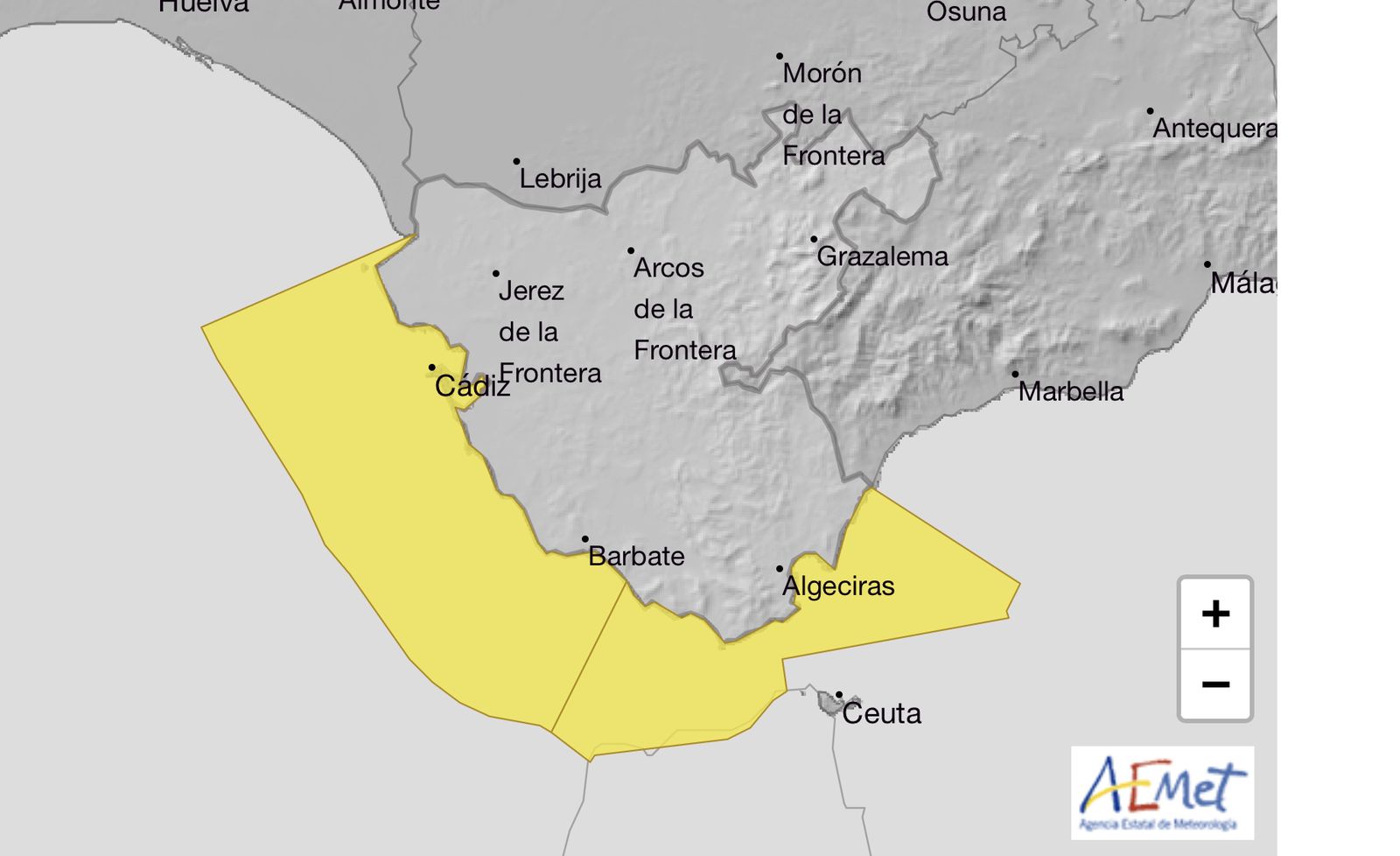 El mapa de la Aemet con el aviso amarillo por fenómenos costeros.
