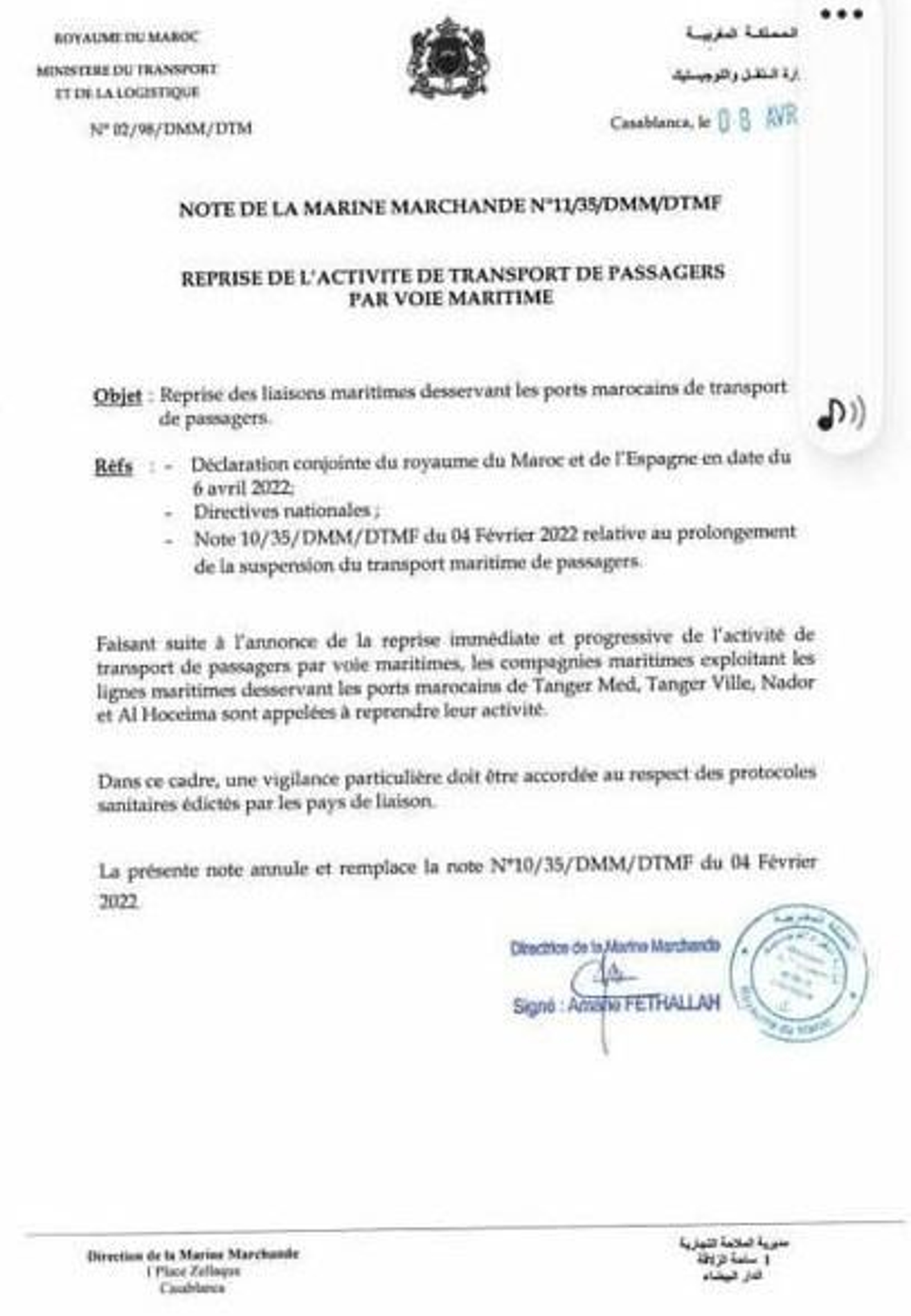 Comunicado enviado por el Ministerio de Transporte marroquí