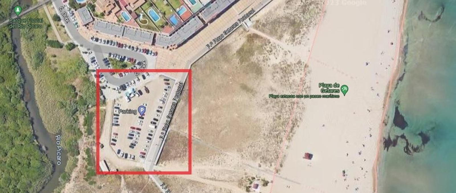 Mapa con la ubicación del aparcamiento, junto al paseo marítimo de Getares.