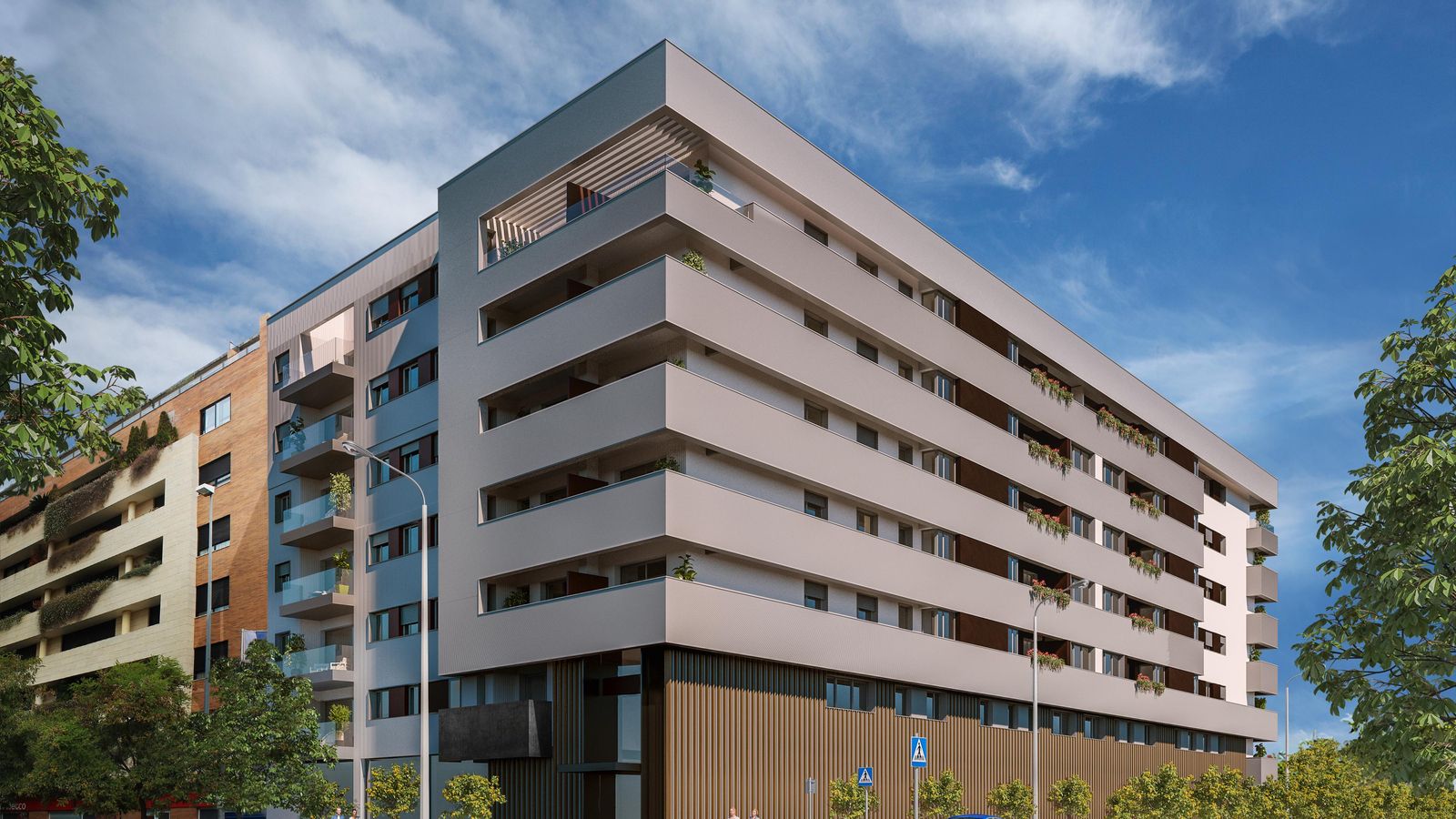 Fachada principal del residencial Aniversario en la avenida Ramón Carande.