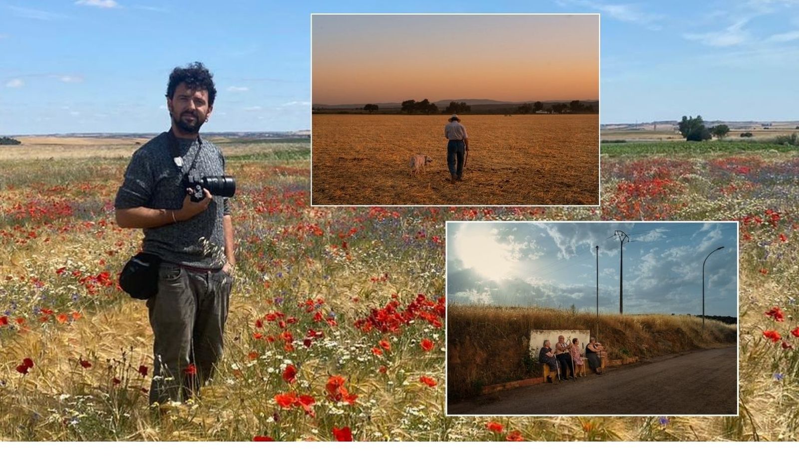 A la izquierda, Santi Donaire; a la derecha, dos fotografías suyas del proyecto 'Misión Andalucía'.