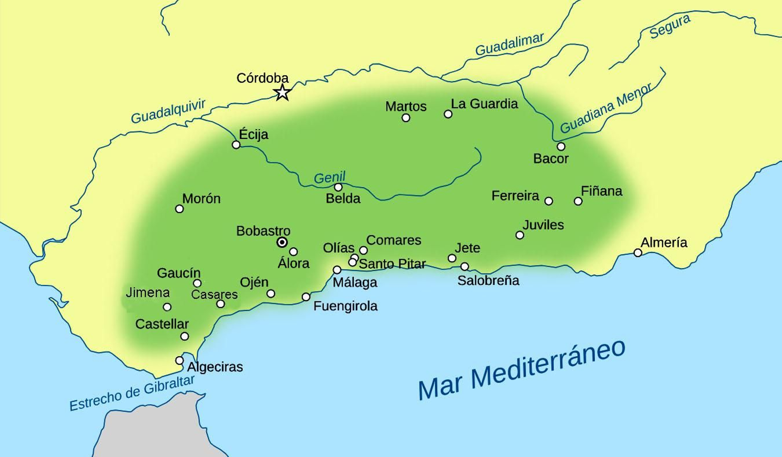 Máxima extensión de los territorios de al-Andalus controlados por el rebelde Omar ben Hafsún a principios del siglo X Máxima extensión de los territorios de al-Andalus controlados por el rebelde Omar ben Hafsún a principios del siglo X