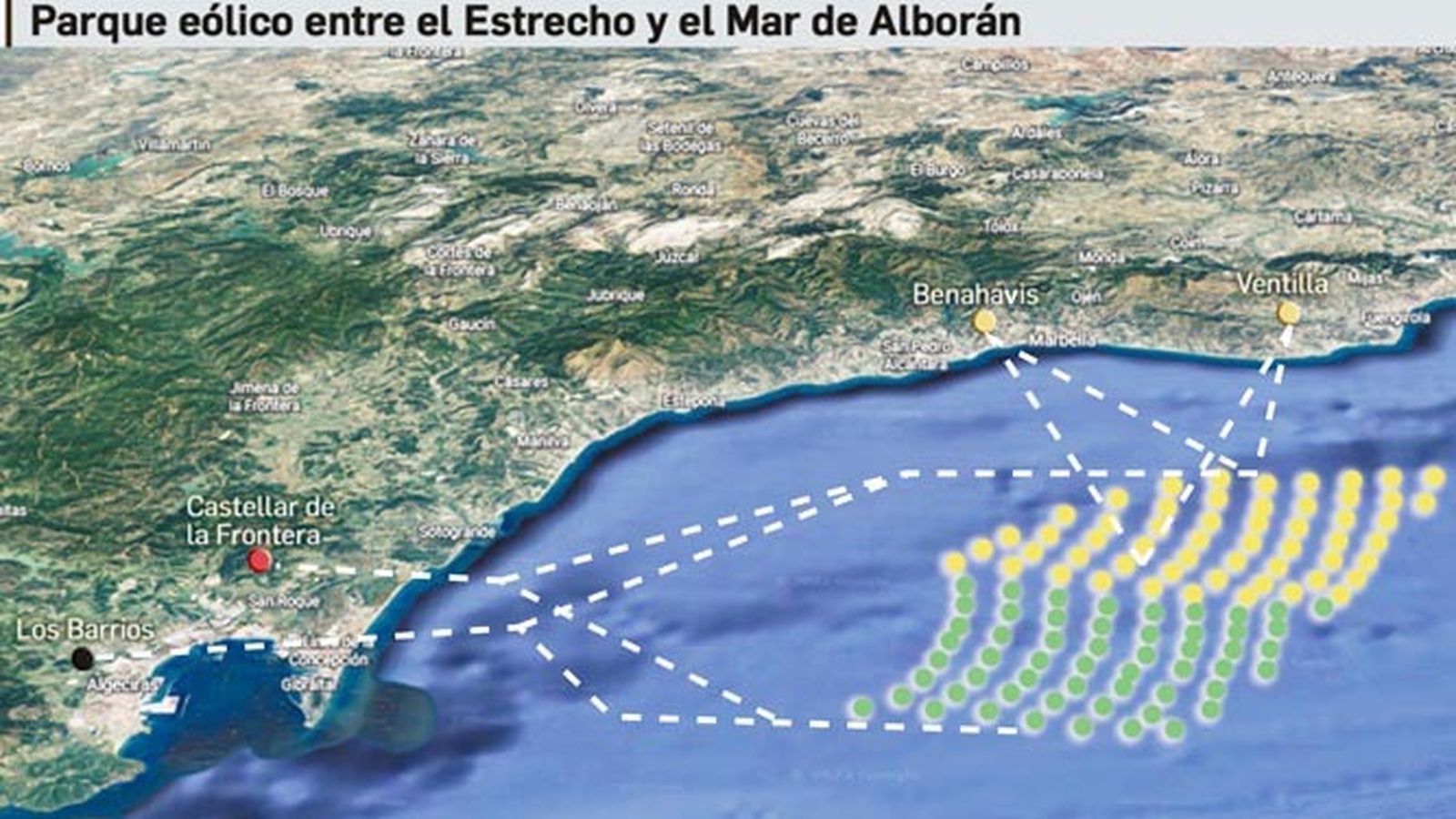 Infografía de situación del proyecto del parque eólico marino en el Estrecho.