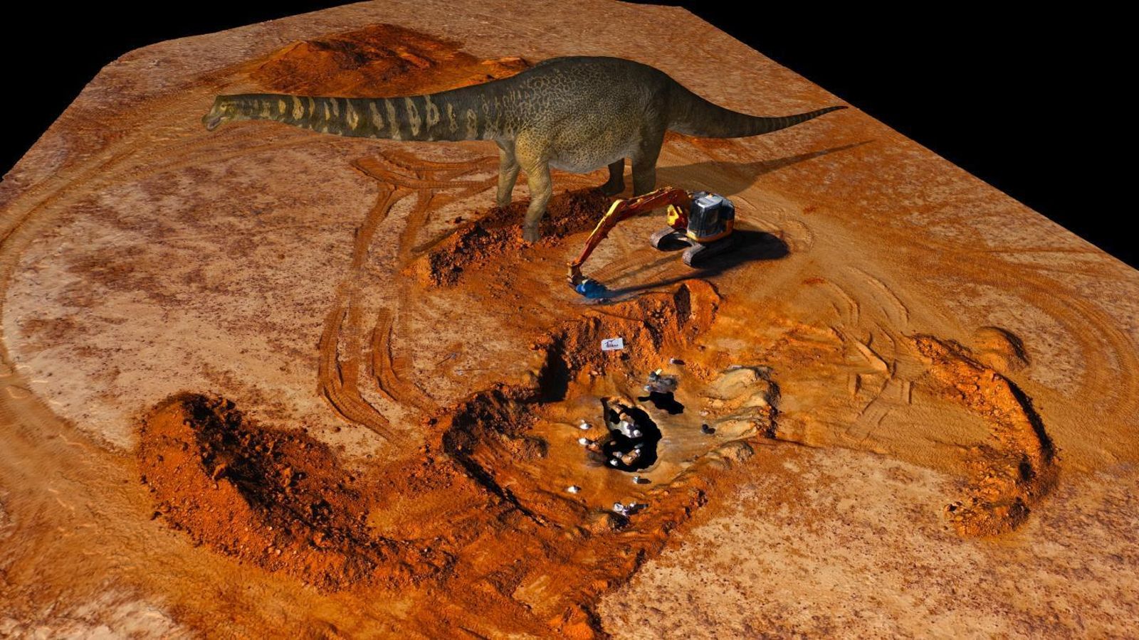 La zona donde se halló con una recreación virtual del dinosaurio
