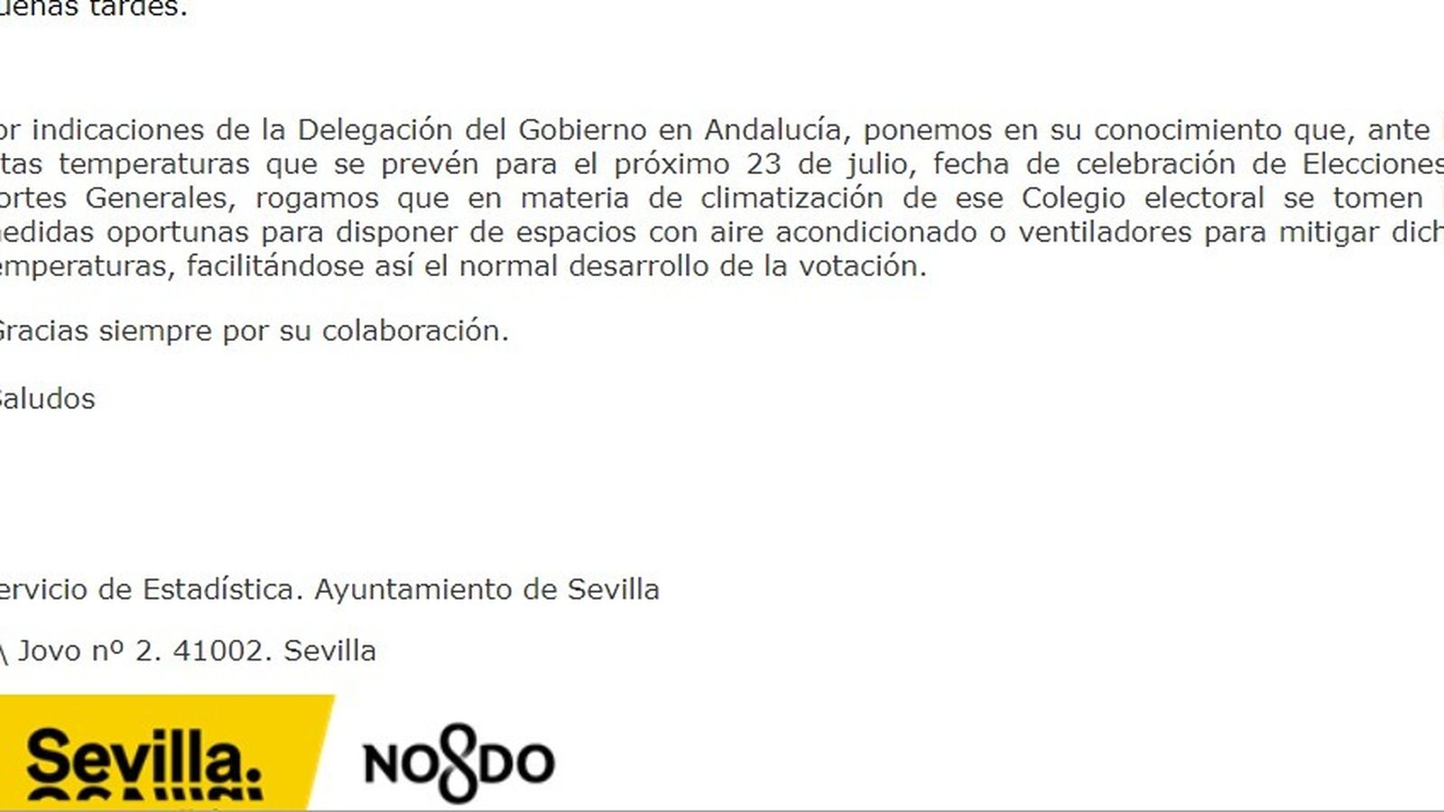 El escrito enviado a los colegios que son sede electoral el 23-J.