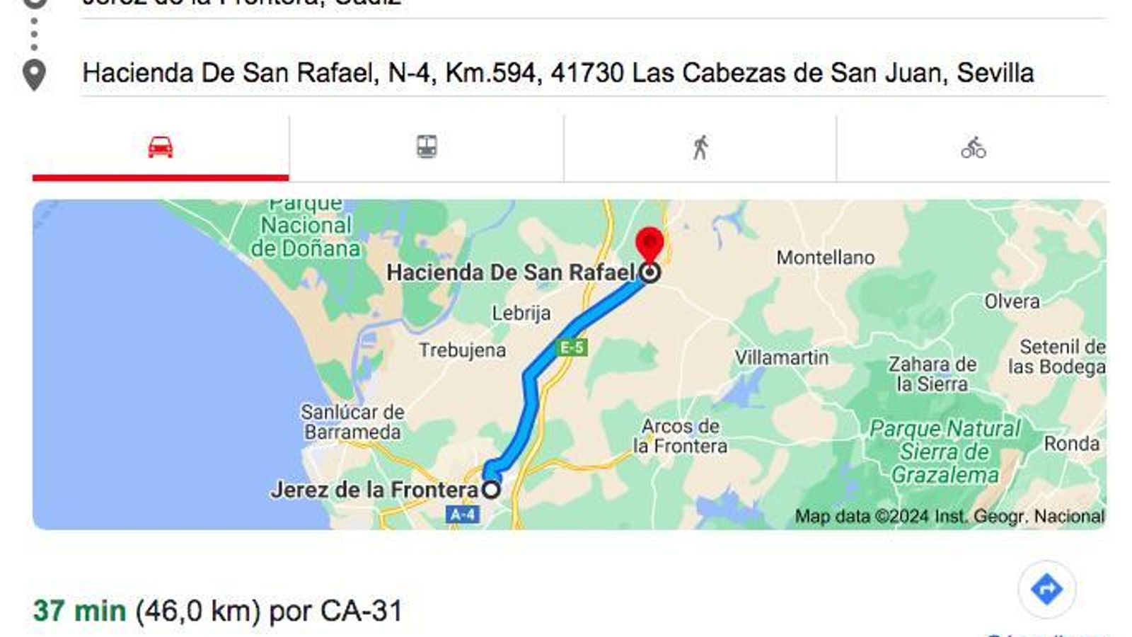 Distancia Jerez- Hacienda de San Rafael las Cabezas