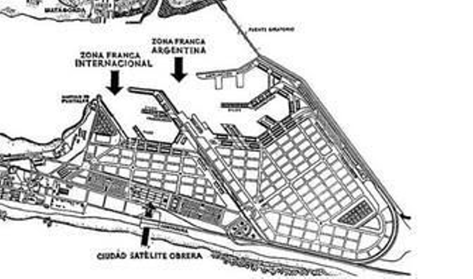 Plano de la época con la ubicación de la Zona Franca Argentina y la española (Internacional).