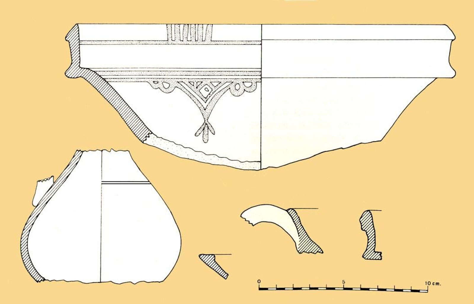 Dibujos de fragmentos de un ataifor y de una redoma de cerámica nazarí del siglo XV hallados en el interior de la villa por el arqueólogo Manuel Sotomayor en 1977.