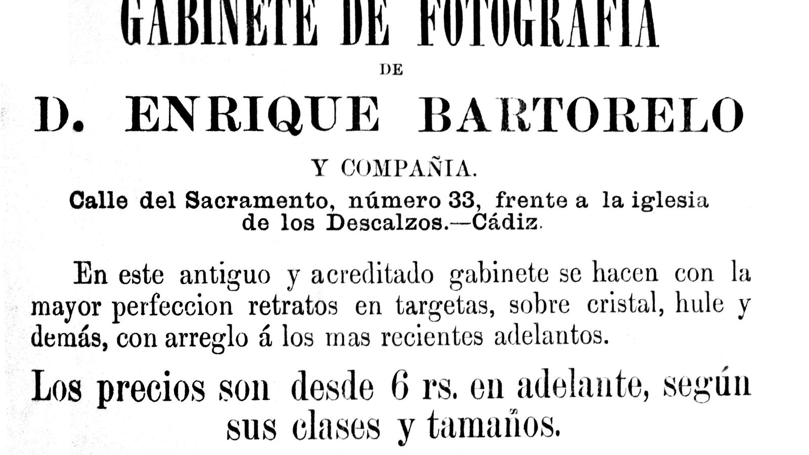 Anuncio del Gabinete Fotográfico de E. Bartorelo.1864