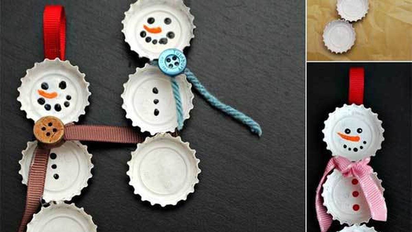 Muñecos de nieve hechos con chapas de refrescos.