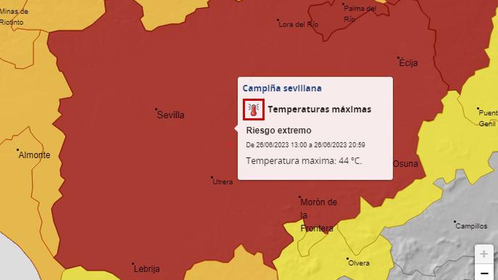 Municipios sevillanos afectados por el aviso rojo.