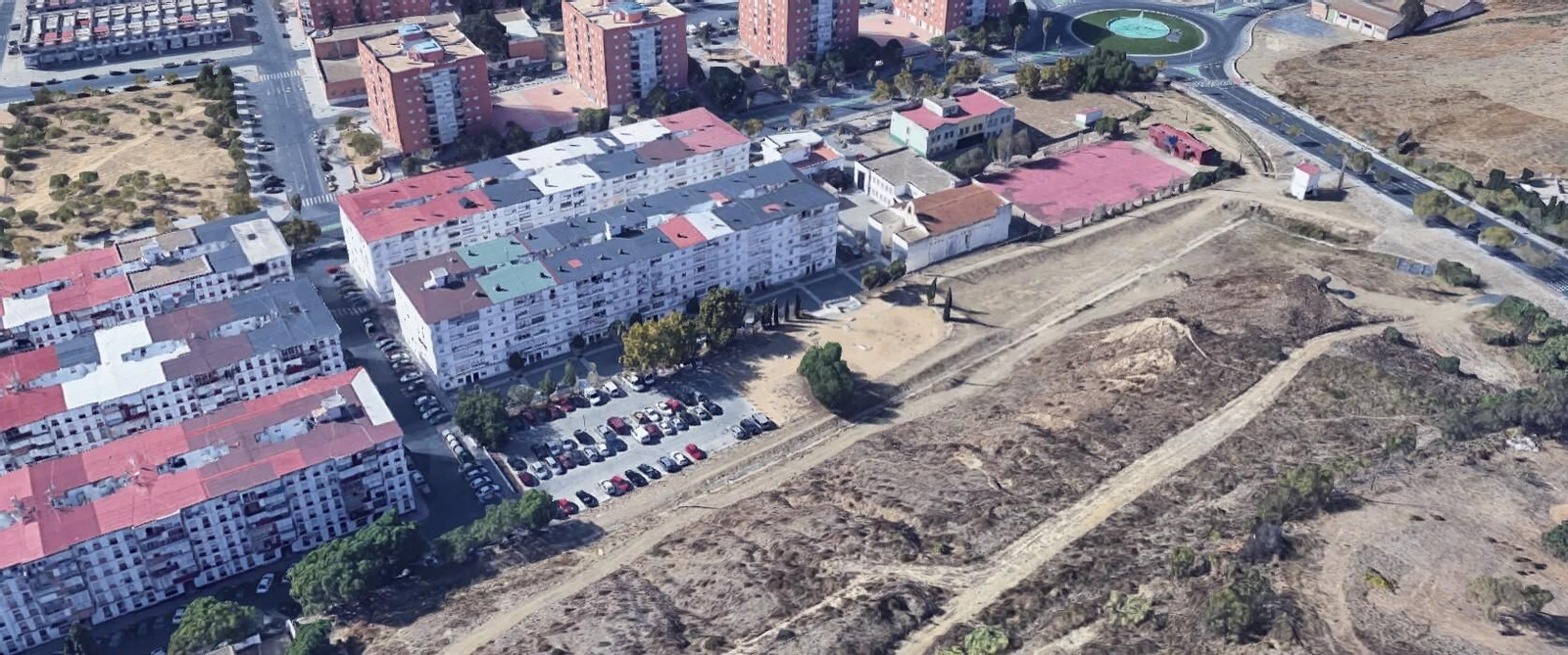 Vista aérea de la zona donde se va a actuar en el marco de la Edusi en la trasera de la calle Tres Carabelas, en la barriada de El Carmen, junto a la Cuesta de la Cinta y el Humilladero.