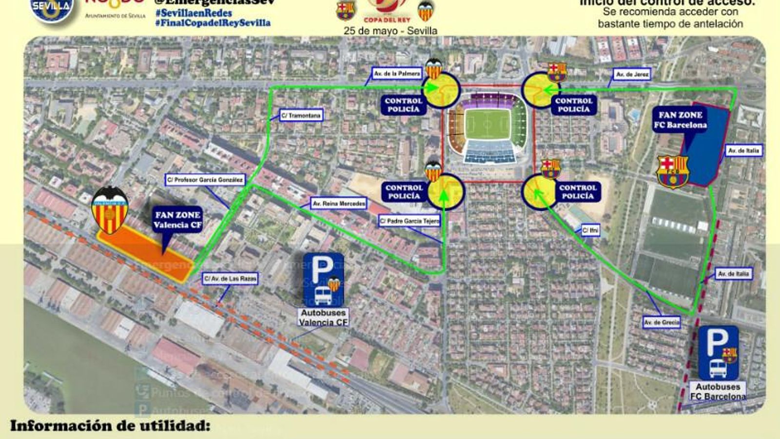 Mapa con el dispositivo para las aficiones de Barcelona y Valencia por la final de la Copa del Rey en Sevilla.