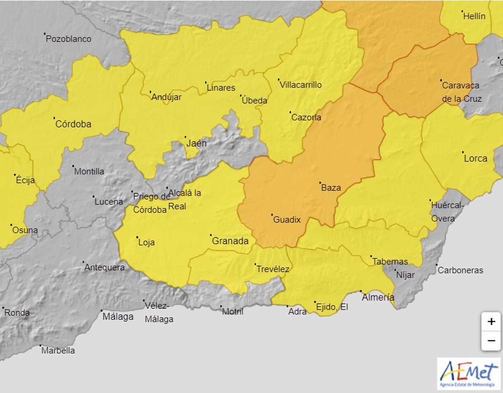 Mapa de avisos de la Aemet.