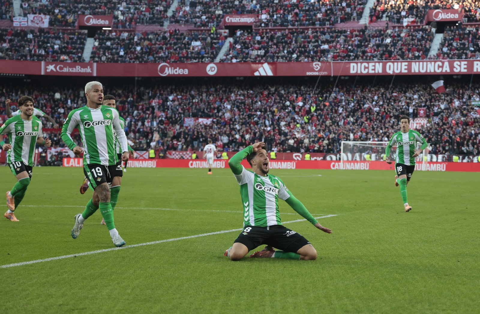 Fornals celebra su gol en el derbi.
