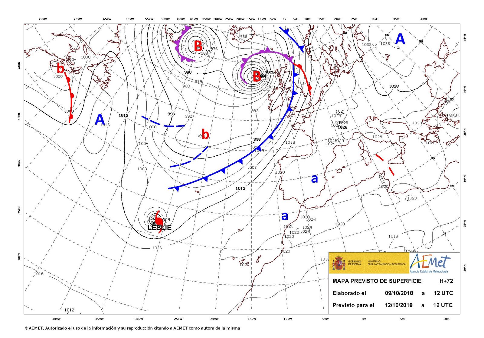 Situación actual de la tormenta 'Leslie' en el Atlántico.