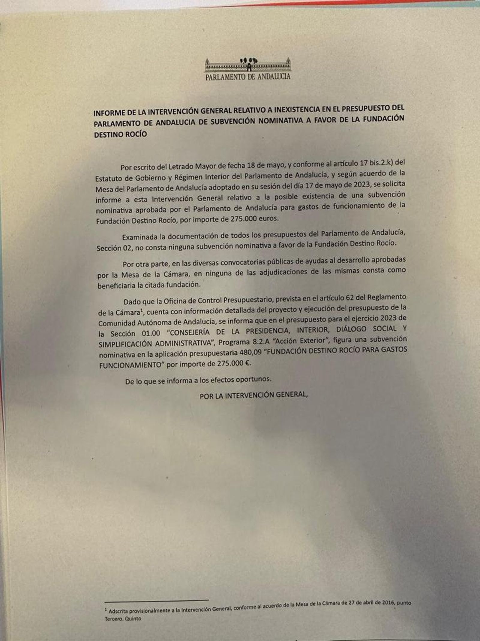 Carta del Parlamento de Andalucía con la versión sobre la subvención a José Manuel Soto