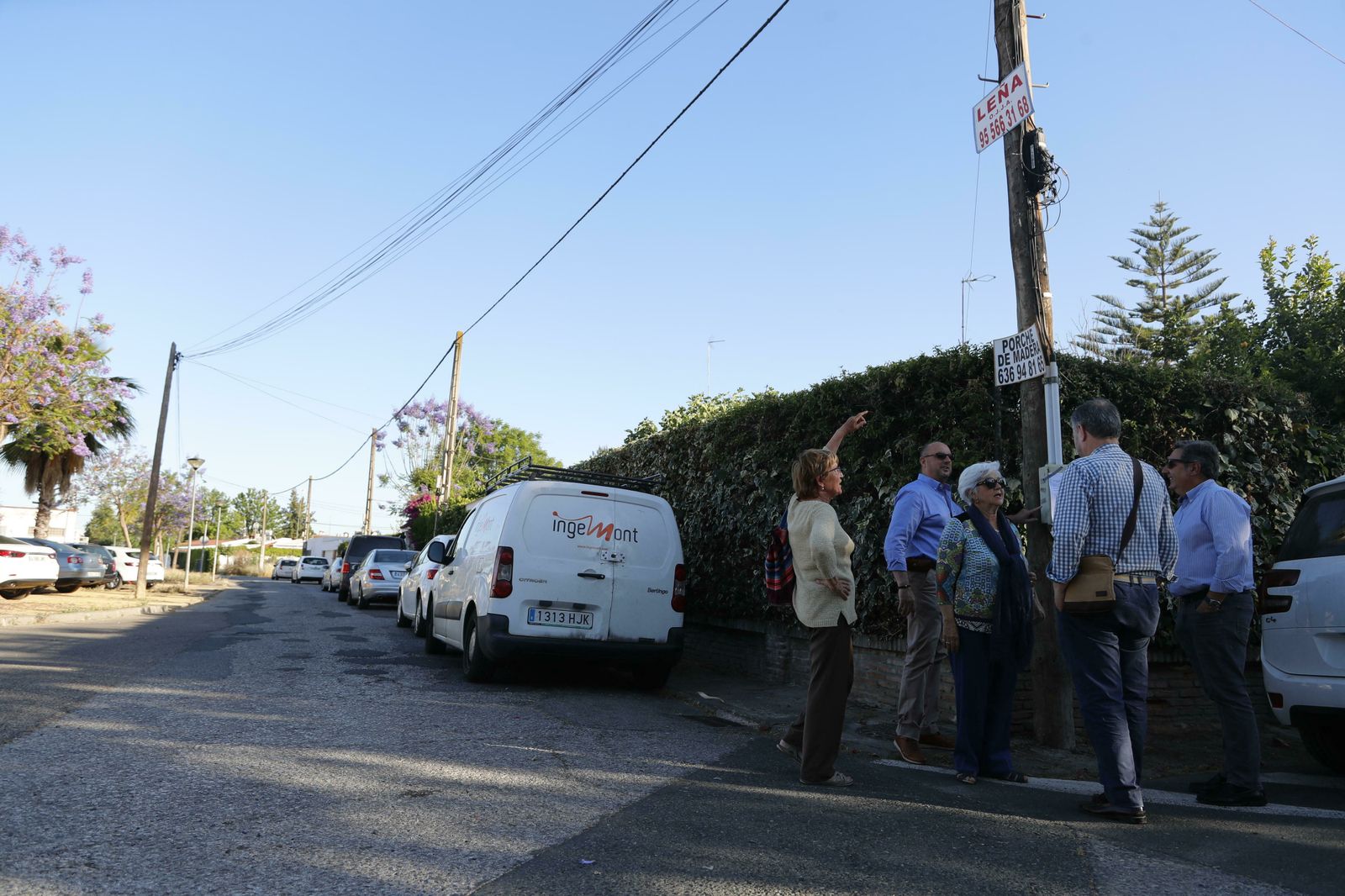 Postes de madera con cables colgando entre los chalés de Santa Clara.