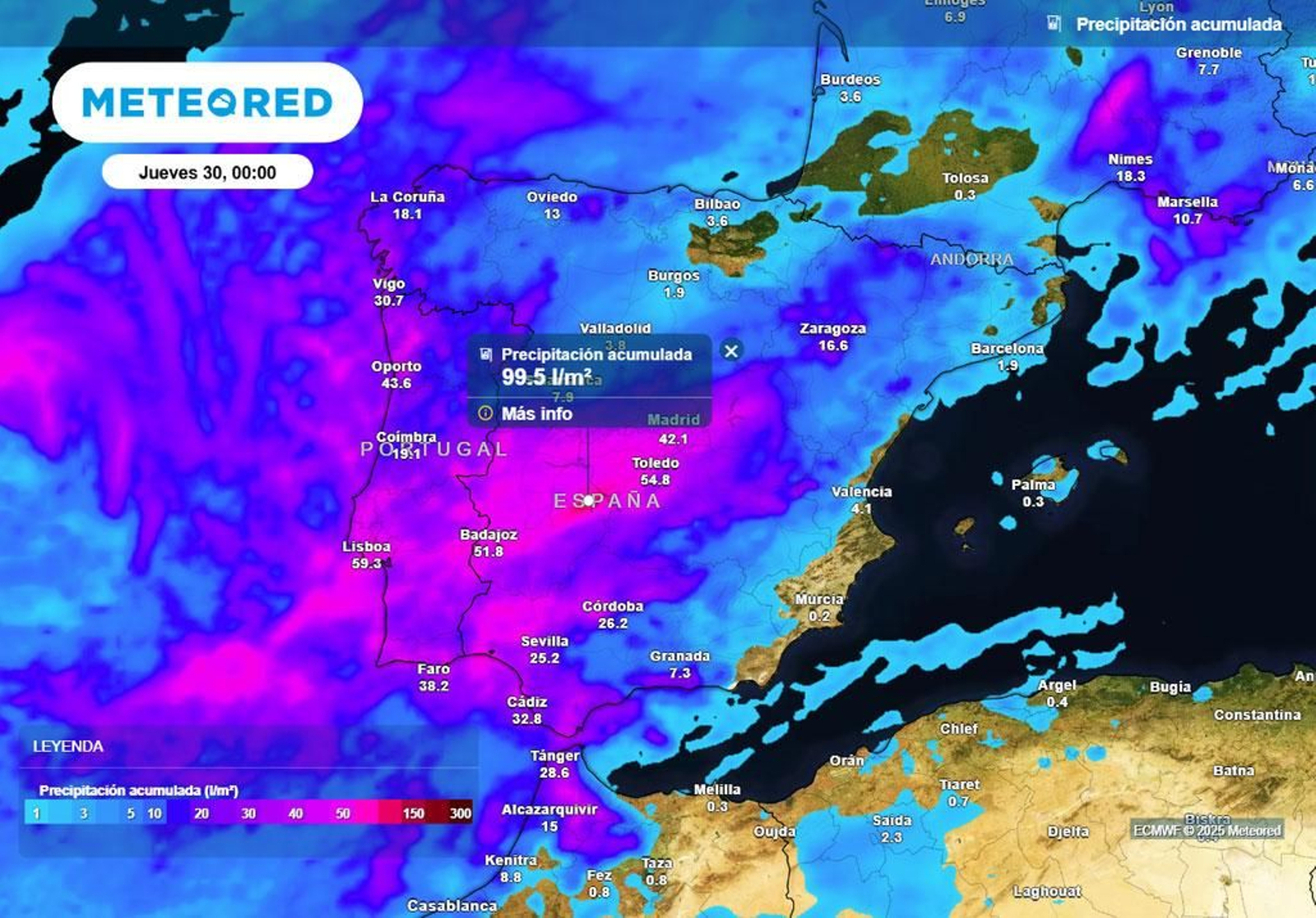 Previsión de acumulados para el jueves 30 de octubre.