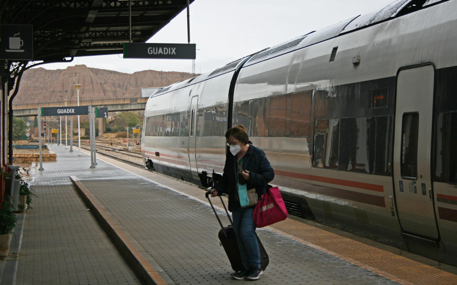Una viajera baja de un tren procedente de Granada en la estación de Guadix