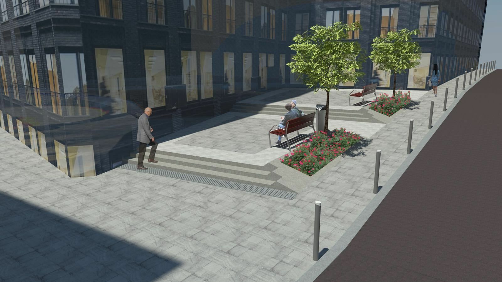 Diseño de la plaza a doble altura entre las calles Martínez Almagro y Trajano