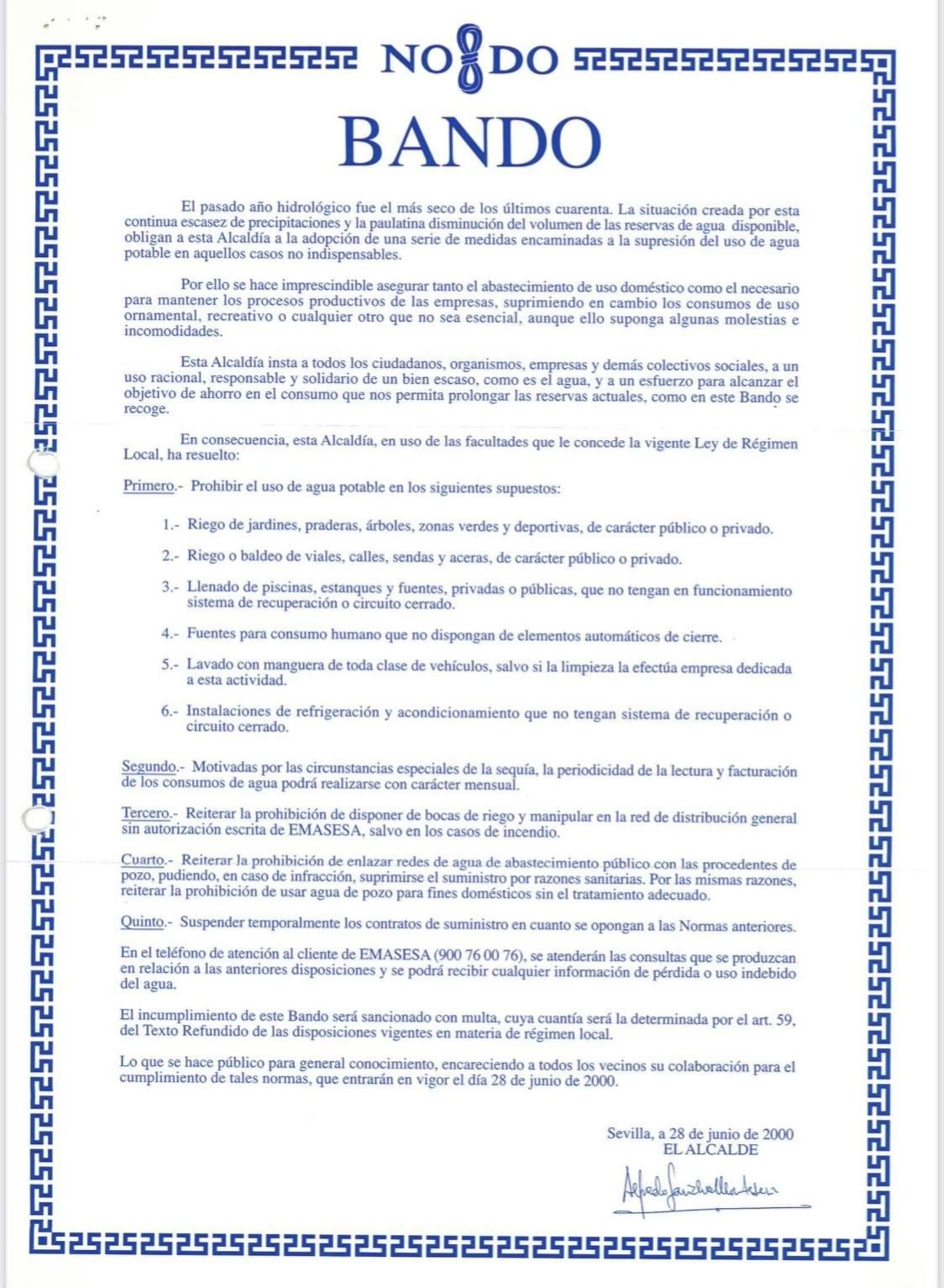 Bando del Ayuntamiento de Sevilla anunciando las restricciones de agua en 2000