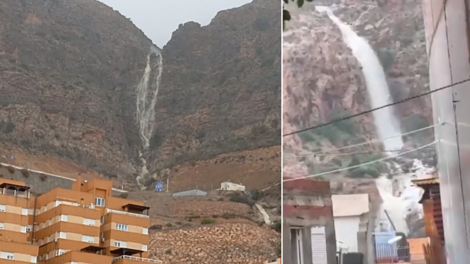 Cataratas espontáneas en Aguadulce y en el barrio de Pescadería, formadas por la acumulación de lluvia tras el temporal en la provincia de Almería.