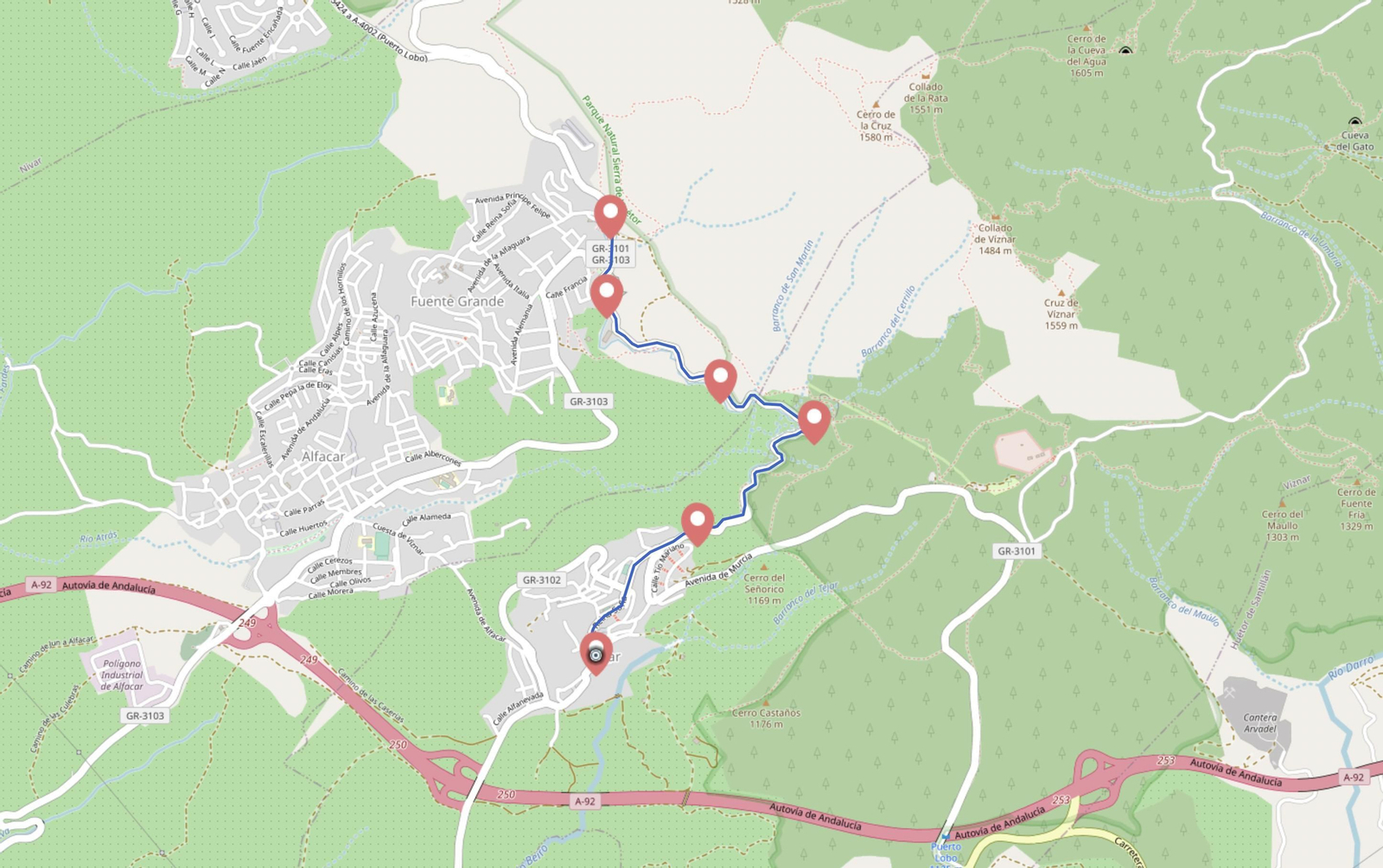 Mapa de la ruta lorquiana de Víznar y Alfacar