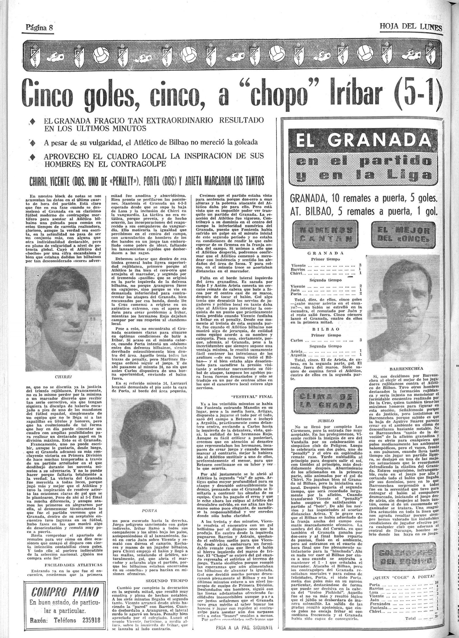 Recorte de prensa de la Hoja del Lunes con la mayor goleada del Granada sobre el Athletic de su historia