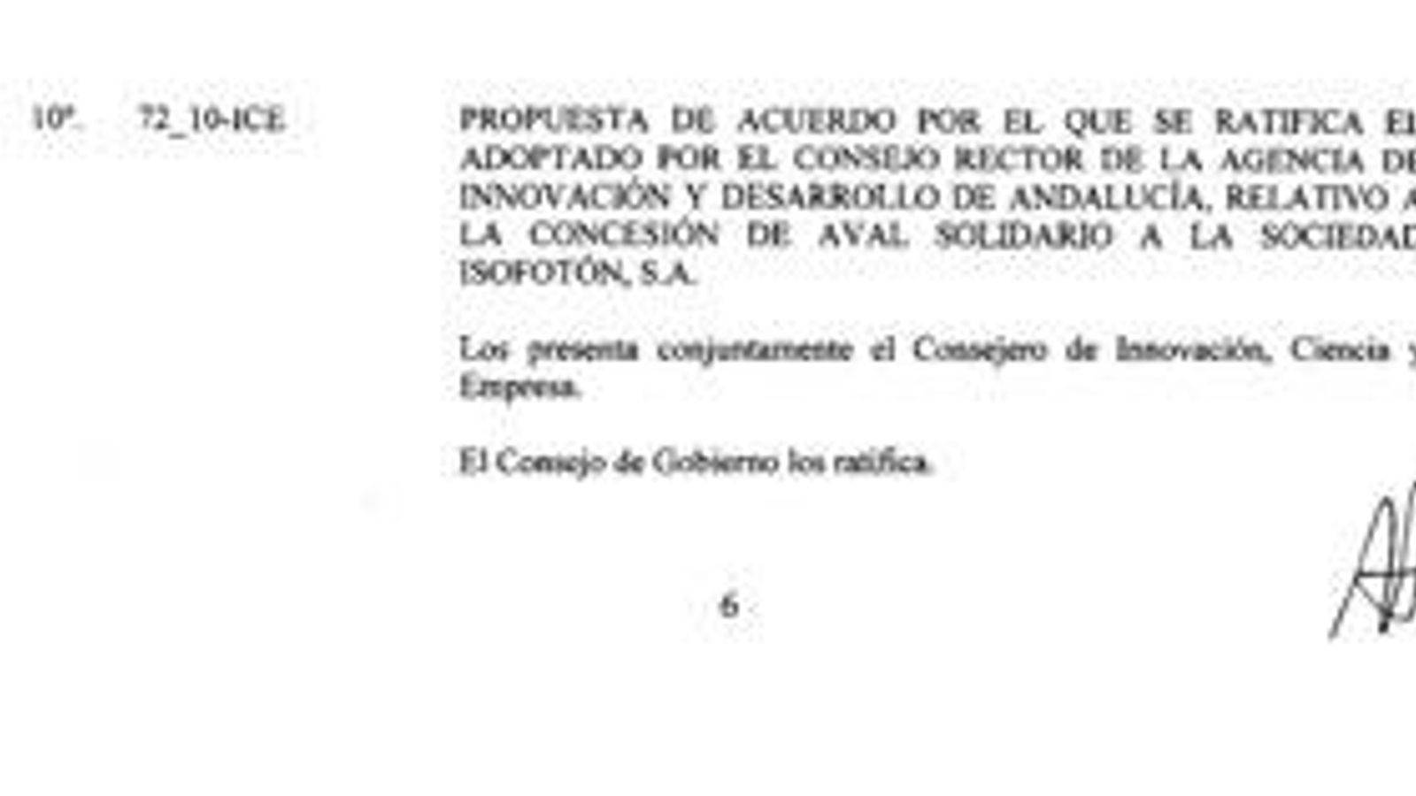 Un detalle de una de las propuestas de acuerdo ratificadas por el Consejo de Gobierno sobre Isofotón.