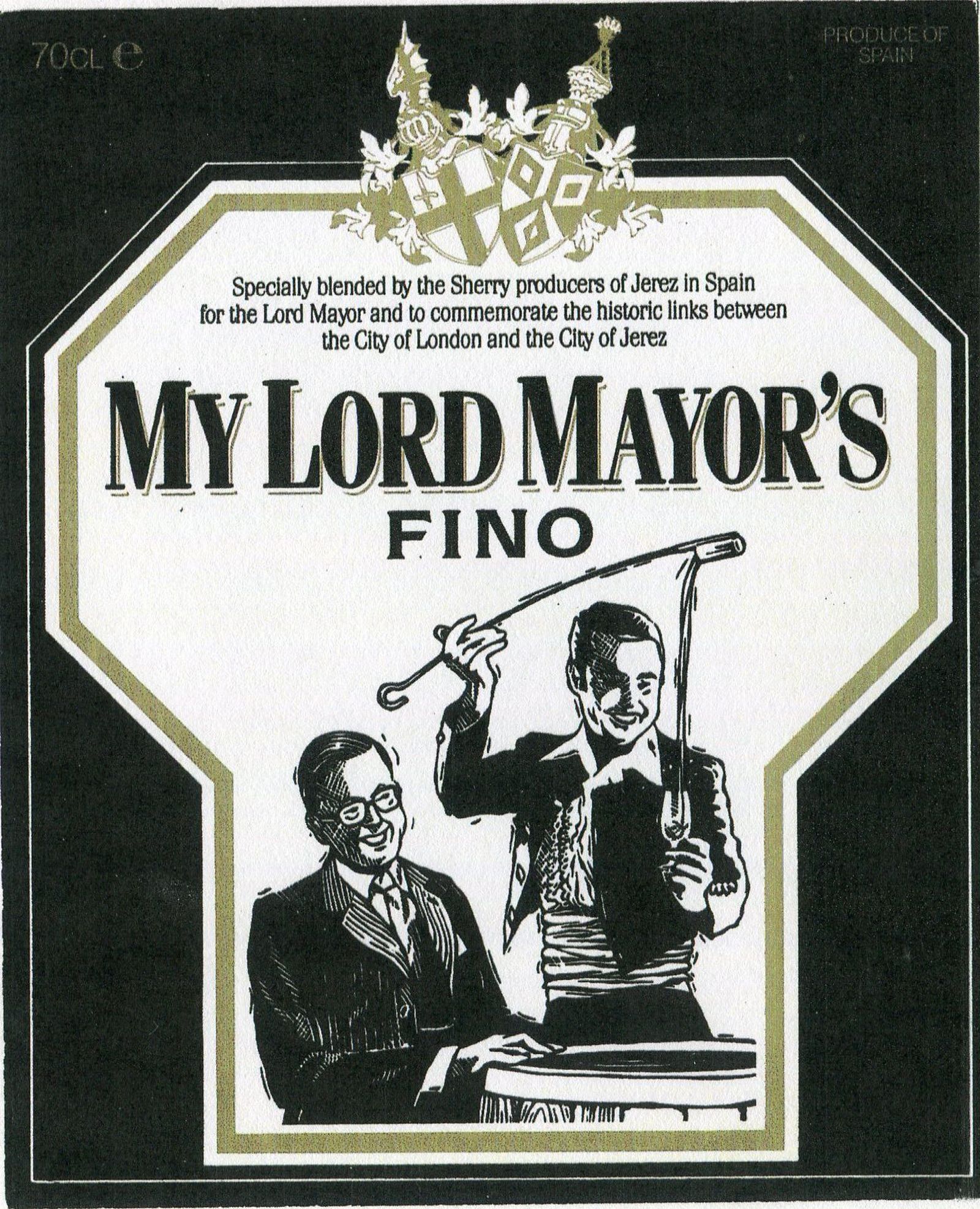 Simpática etiqueta dedicada al Lord Mayor de Londres, Sir Henry Murray Fox, en 1974.