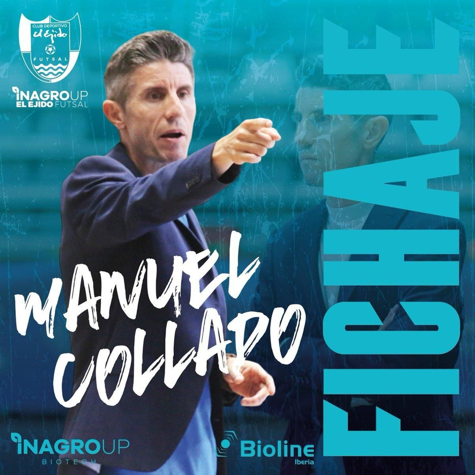 Cartel con el que El Ejido Futsal anunciaba a Manuel Collado como su nuevo entrenador.