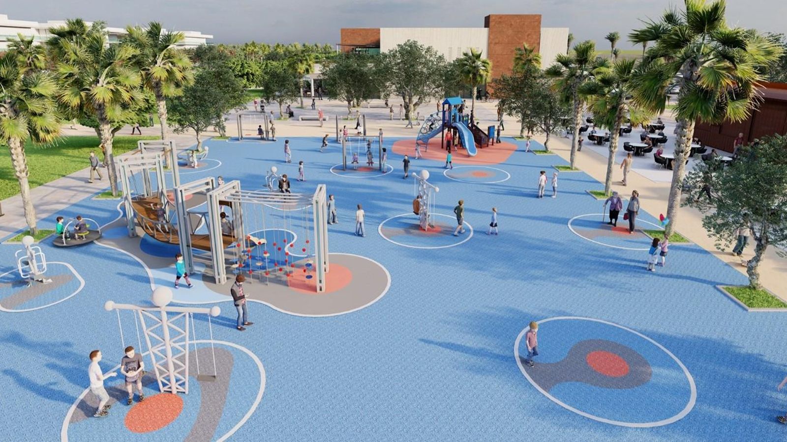Zona de juegos infantiles ideda para el espacio ajardinado del parque comercial.