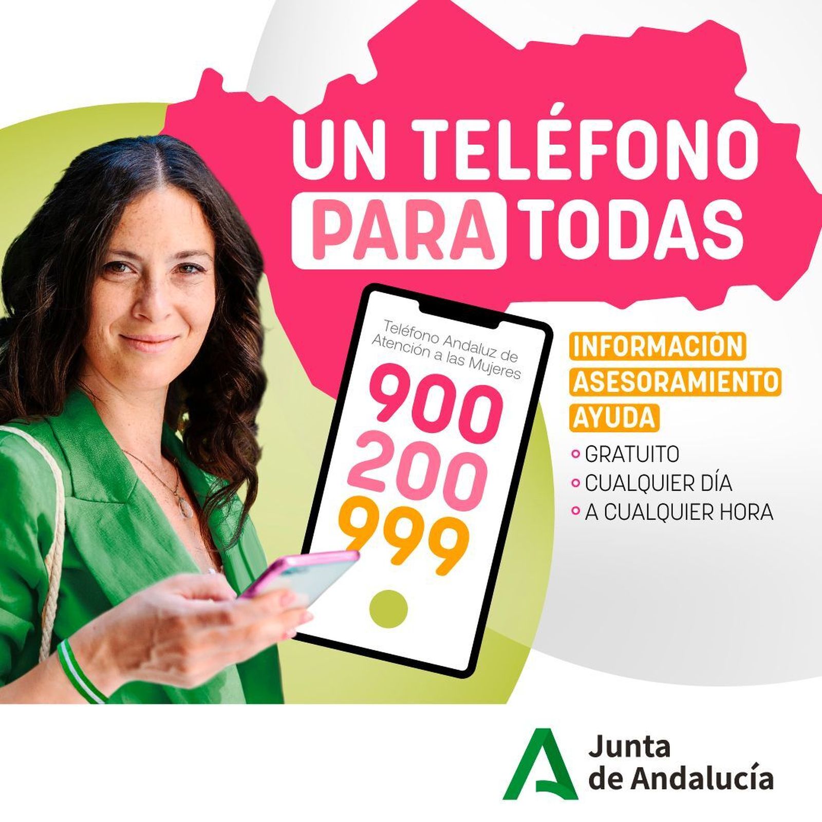 Cartel informativo del teléfono gratuito 900 200 999 de atención a la mujer