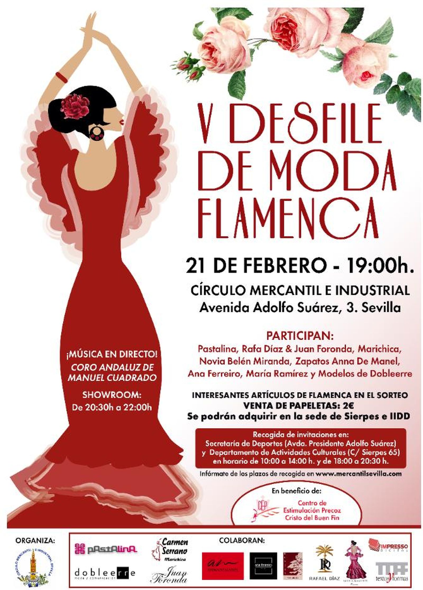 Cartel del V Desfile de Moda Flamenca en el Círculo Mercantil (sede de Los Remedios).