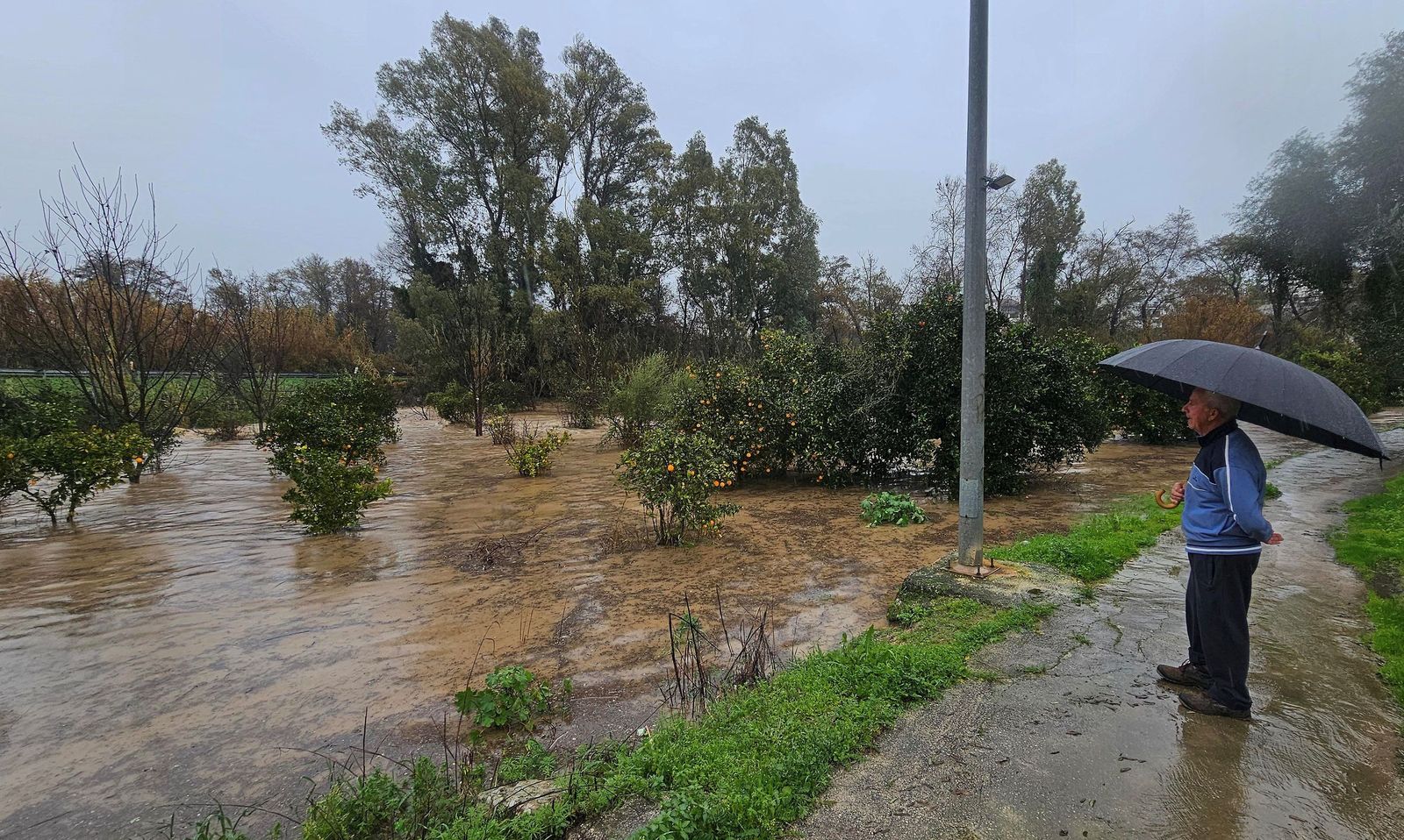 Un hombre observa un campo anegado durante el temporal.