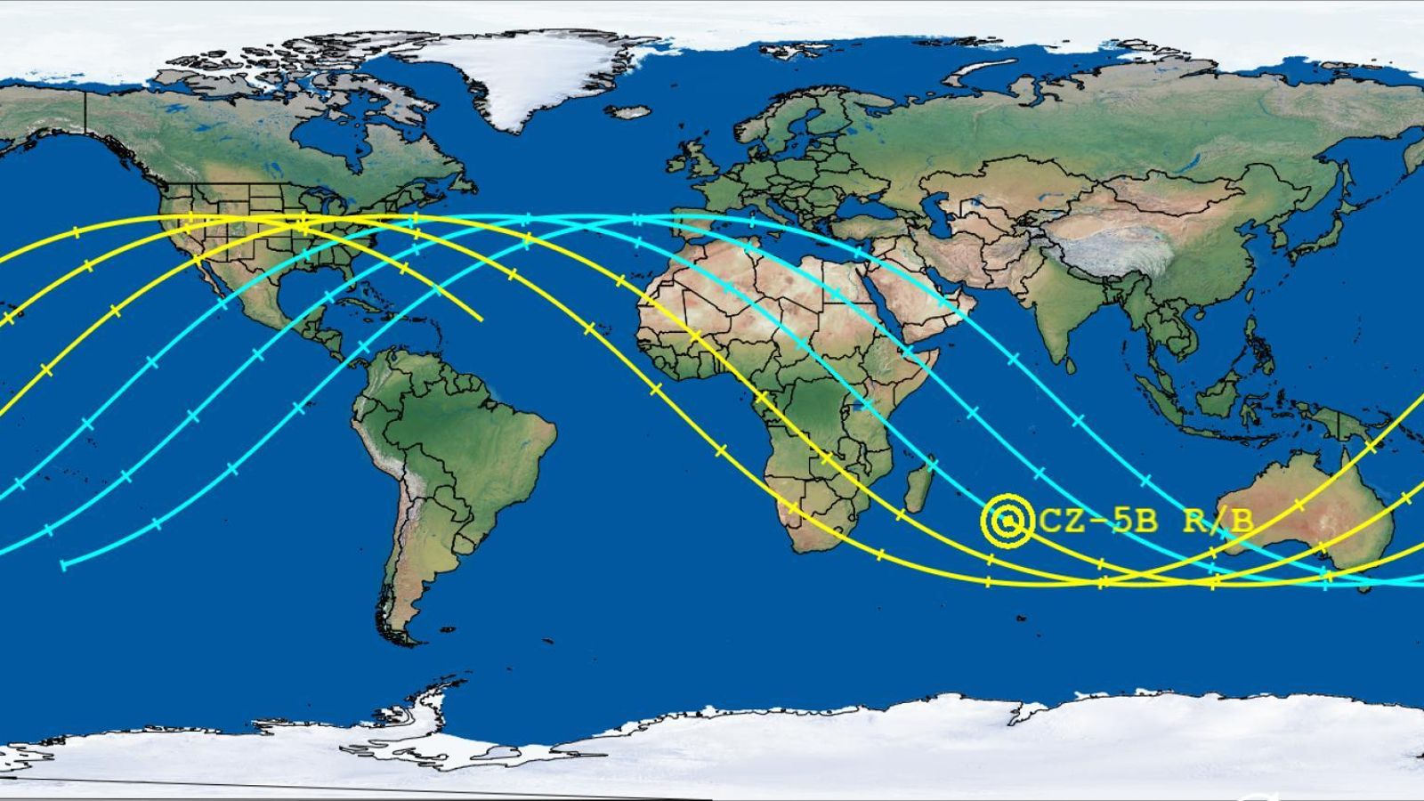 Posibles trayectorias y puntos de caída del cohete chino en la Tierra