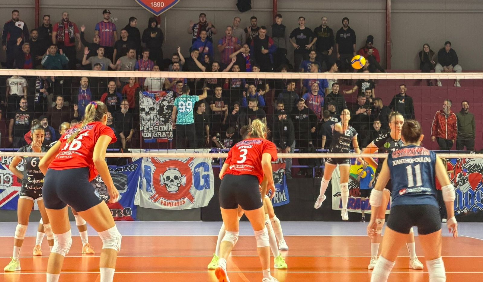 Leticia Delagrammatikas realiza un saque con la afición local detrás.