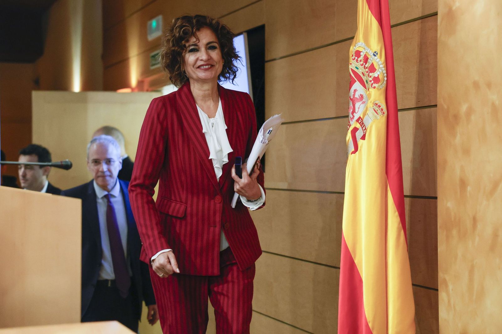 La vicepresidenta del Gobierno, María Jesús Montero, este viernes en el Ministerio de Hacienda en la presentación del nuevo modelo de financiación.