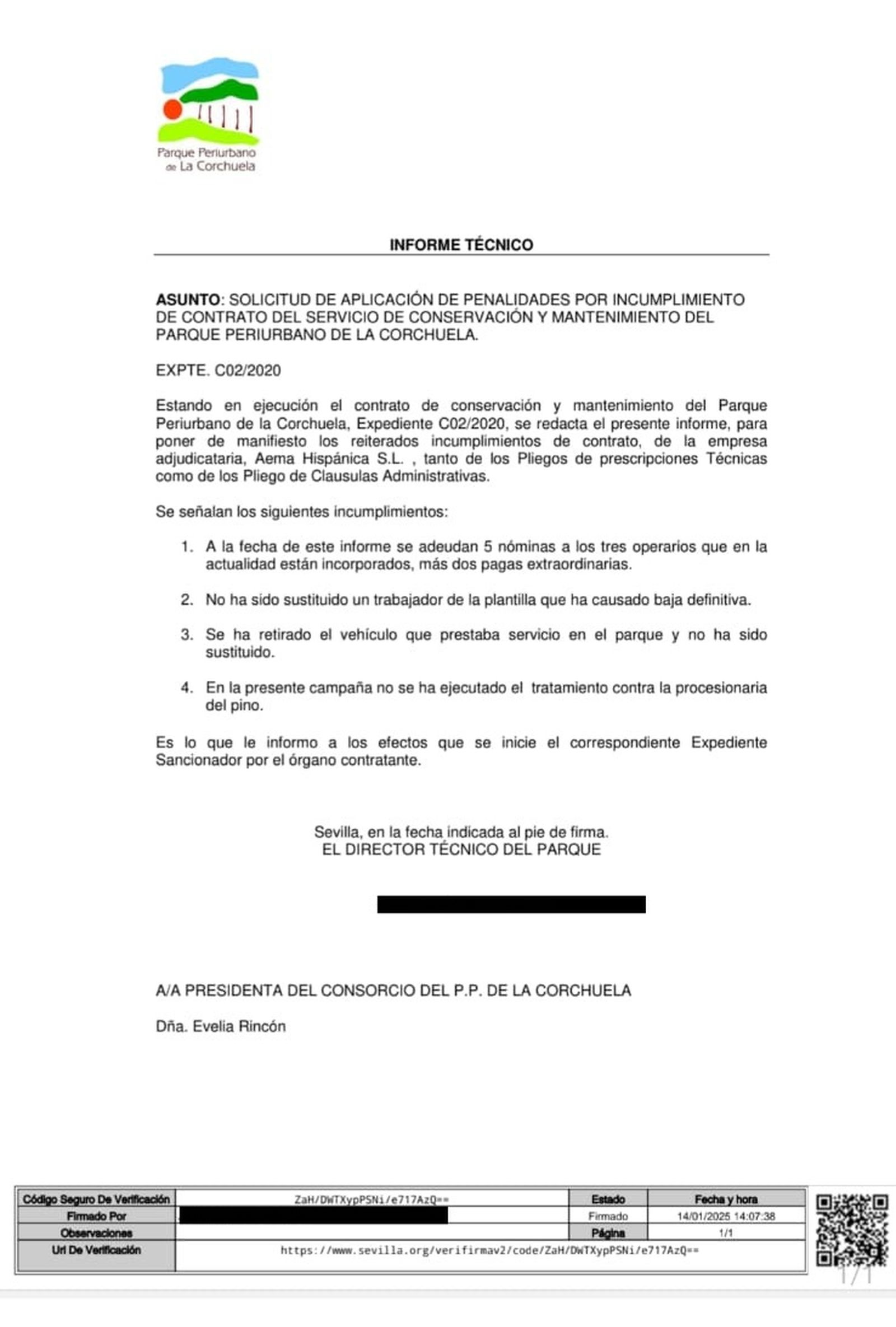 Informe técnico de 14 de enero de 2025 de La Corchuela.