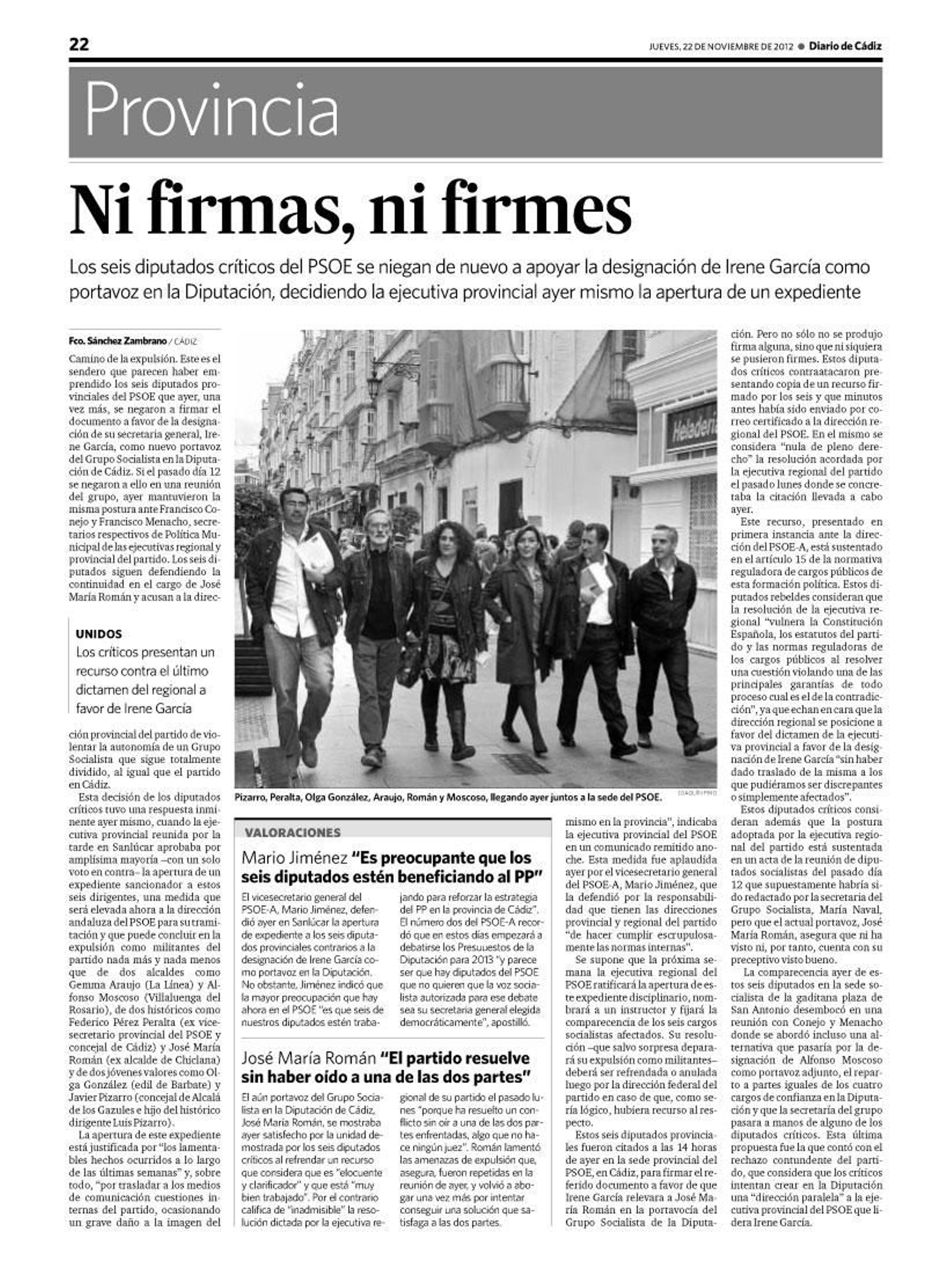 Página de Diario de Cádiz del 22 de noviembre de 2012 informando de la negativa de seis diputados provinciales del PSOE a nombrar como portavoz del Grupo Socialista en la Diputación de Cádiz a su secretaria general, Irene García.