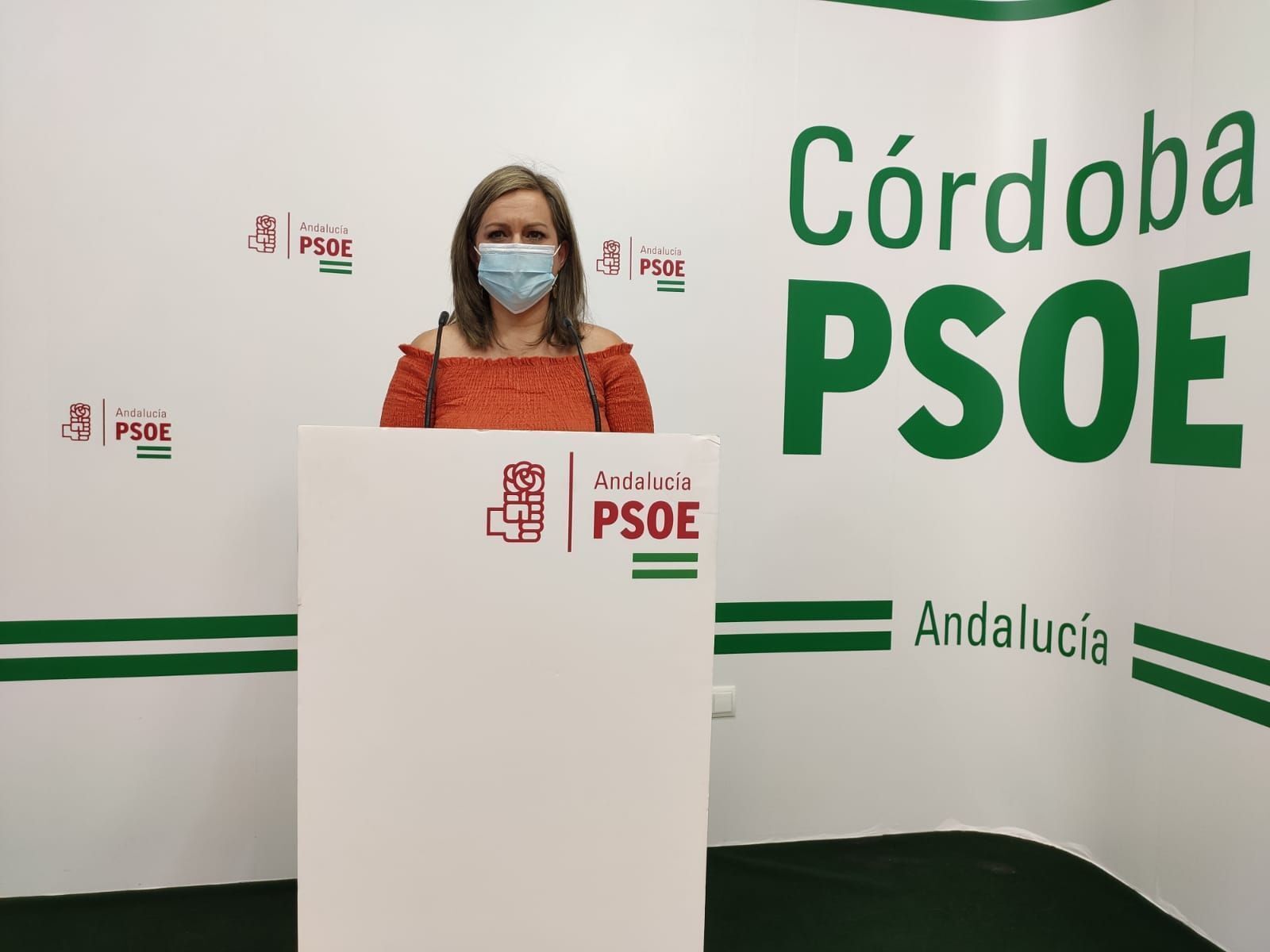 María Jesús Serrano en la rueda de prensa en la sede del PSOE de Córdoba.