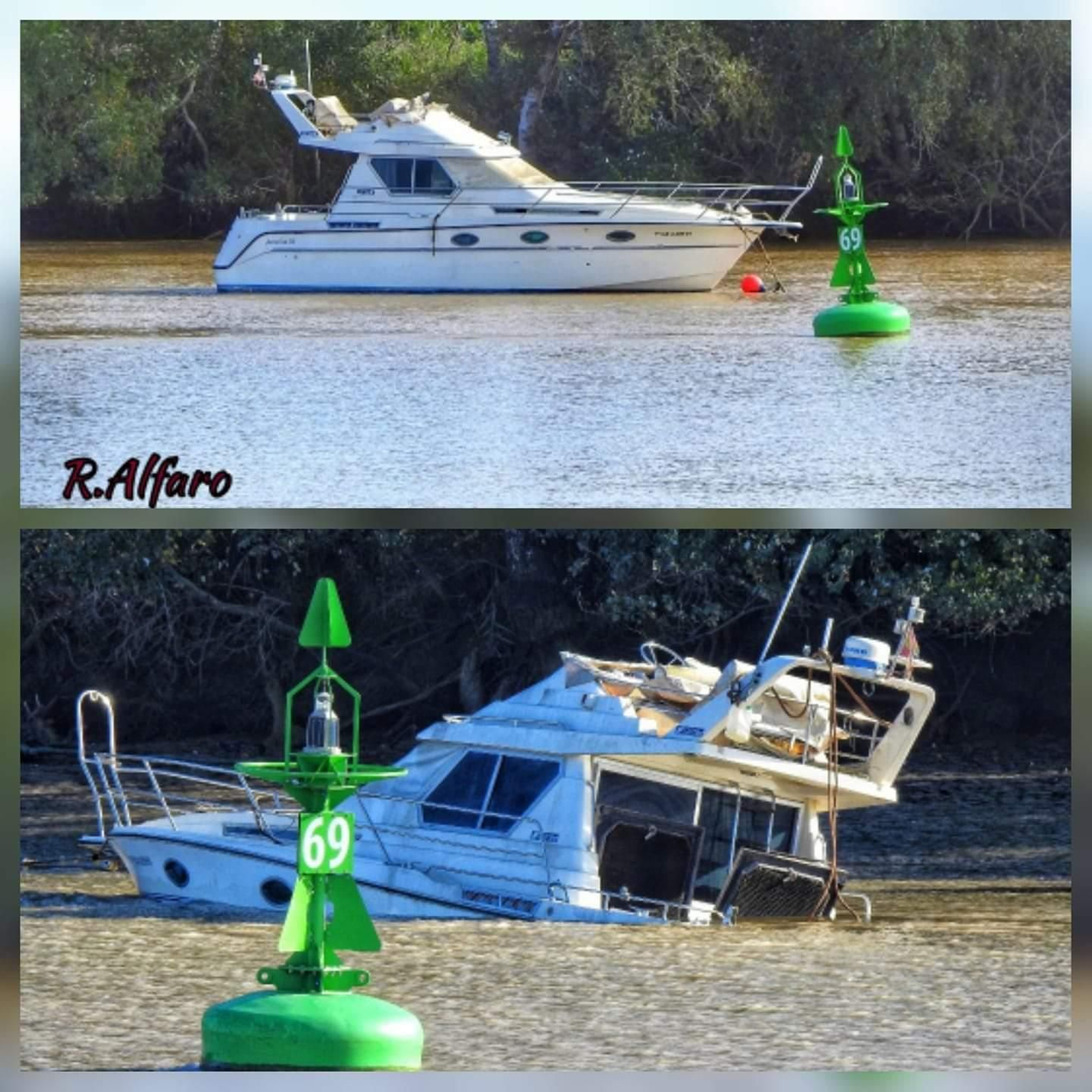 La embarcación hundida en el Guadalquivir, a la altura de Coria.