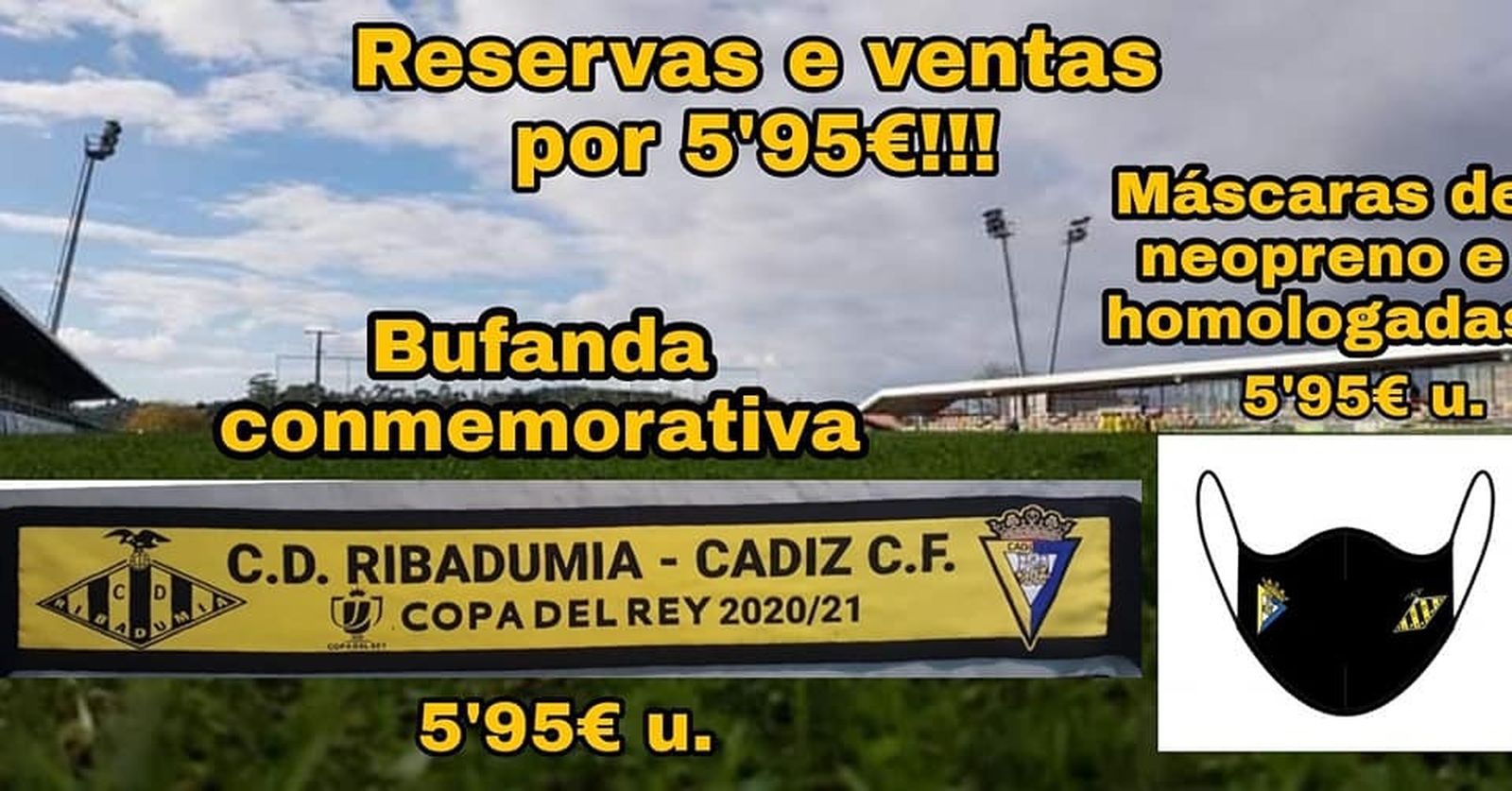 Cartel de venta de bufandas y mascarillas conmemorativas.