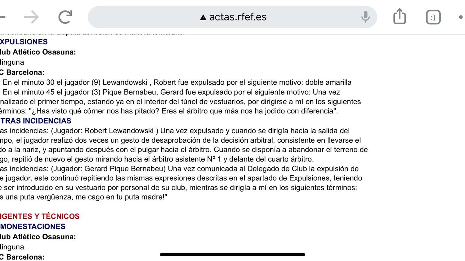El acta de Gil Manzano del Osasuna-Barcelona.