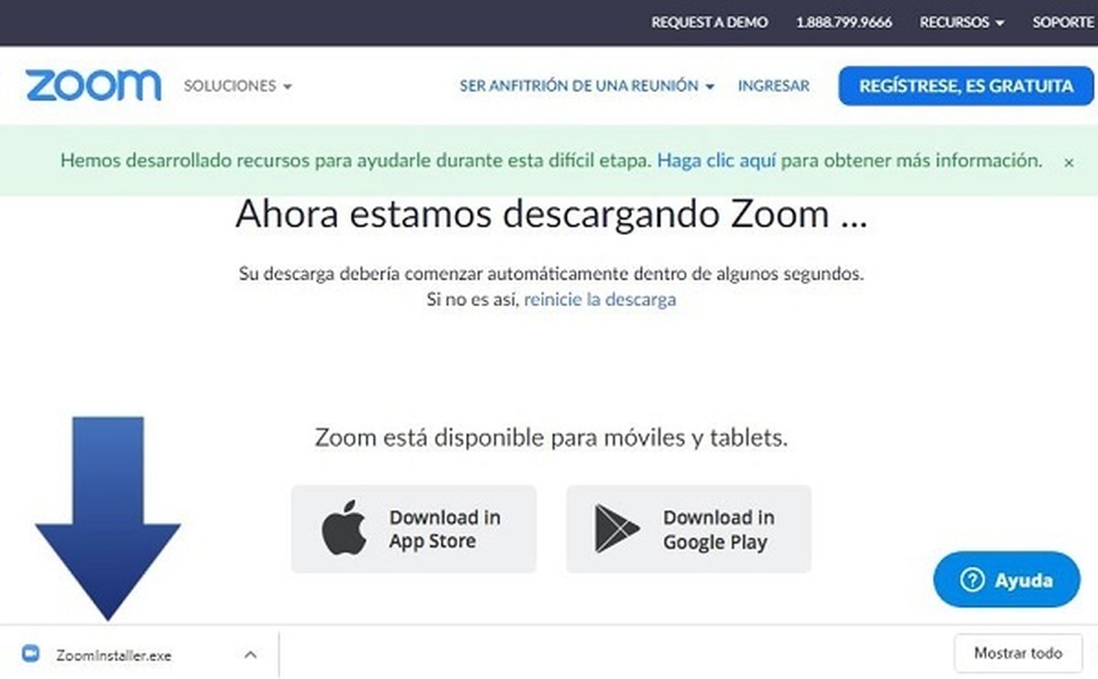 Página de descarga de la aplicación de videollamadas Zoom